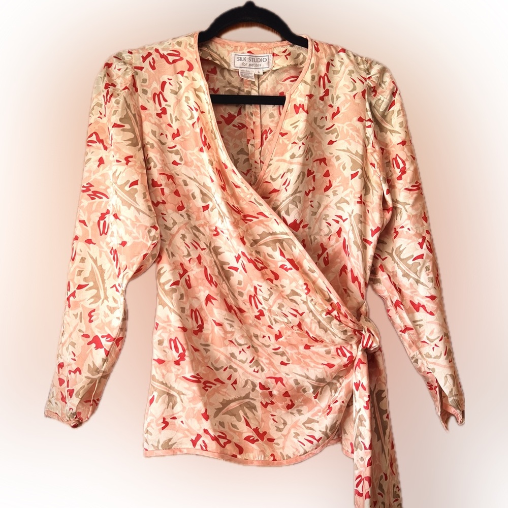 Vintage Silk Studio Pink Florals Long Sleeve Wrap Top